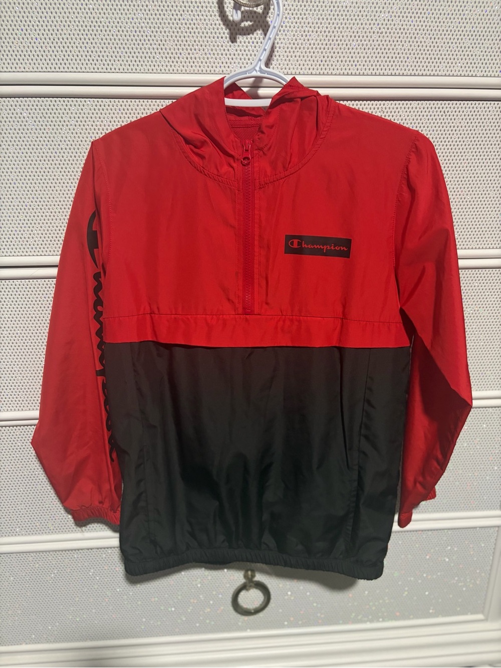Champion Red and Black Half-Zip Hooded Kids Rain Jacket